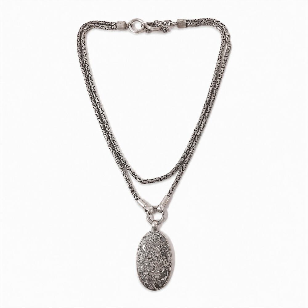 Sterling Silver Oval Filigree Pendant Necklace Vintage Style 17" Double Chain - Picture 3 of 6